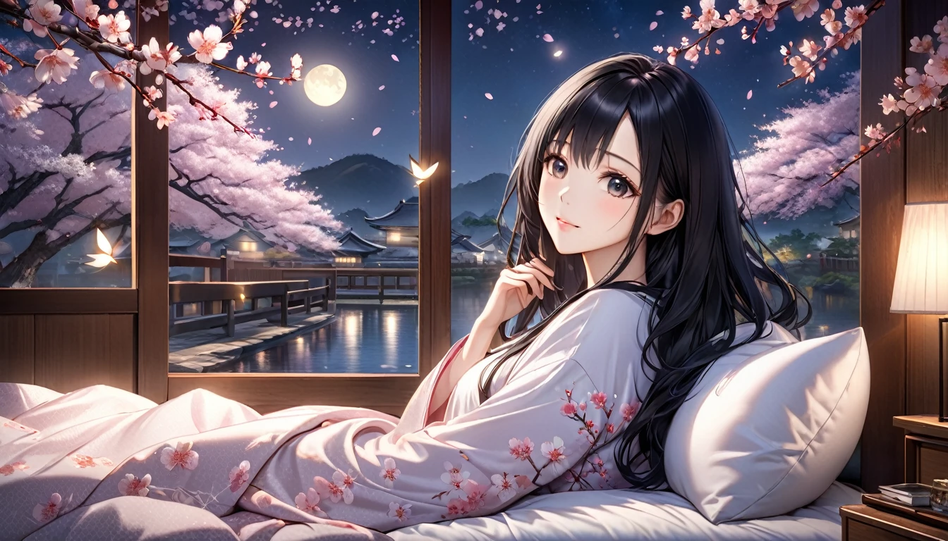 アニメ, A beautiful young Japanese woman with long black hair, soft moonlight illuminating her face, cherry blossoms floating in the background, cozy bedroom setting, romantic and tranquil atmosphere, photorealistic, highly detailed