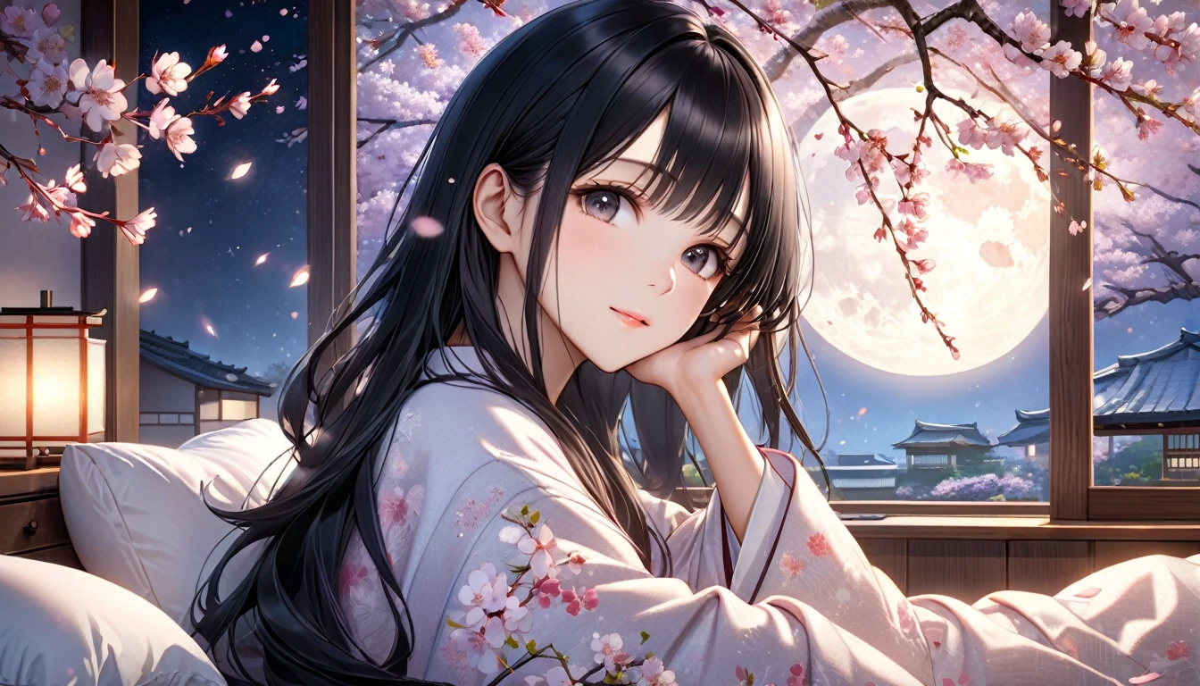 アニメ, A beautiful young Japanese woman with long black hair, soft moonlight illuminating her face, cherry blossoms floating in the background, cozy bedroom setting, romantic and tranquil atmosphere, photorealistic, highly detailed