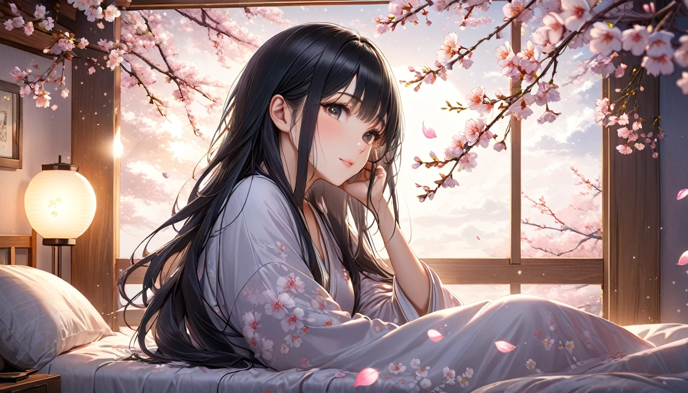 アニメ, A beautiful young Japanese woman with long black hair, soft moonlight illuminating her face, cherry blossoms floating in the background, cozy bedroom setting, romantic and tranquil atmosphere, photorealistic, highly detailed