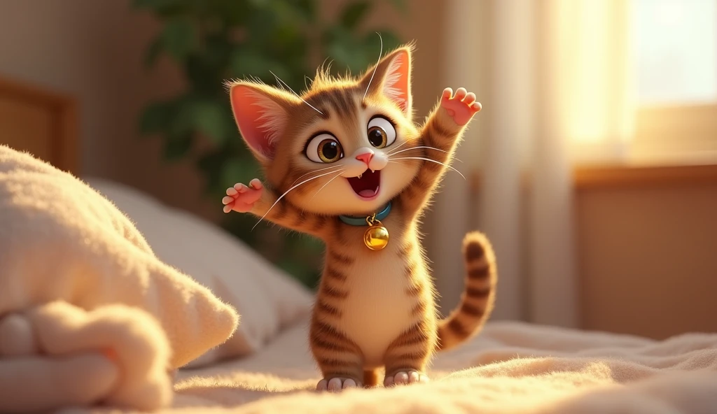 
Whiskers waking up, stretching, and jumping in surprise, with the bell jingling loudly, and a shocked expression on her face.