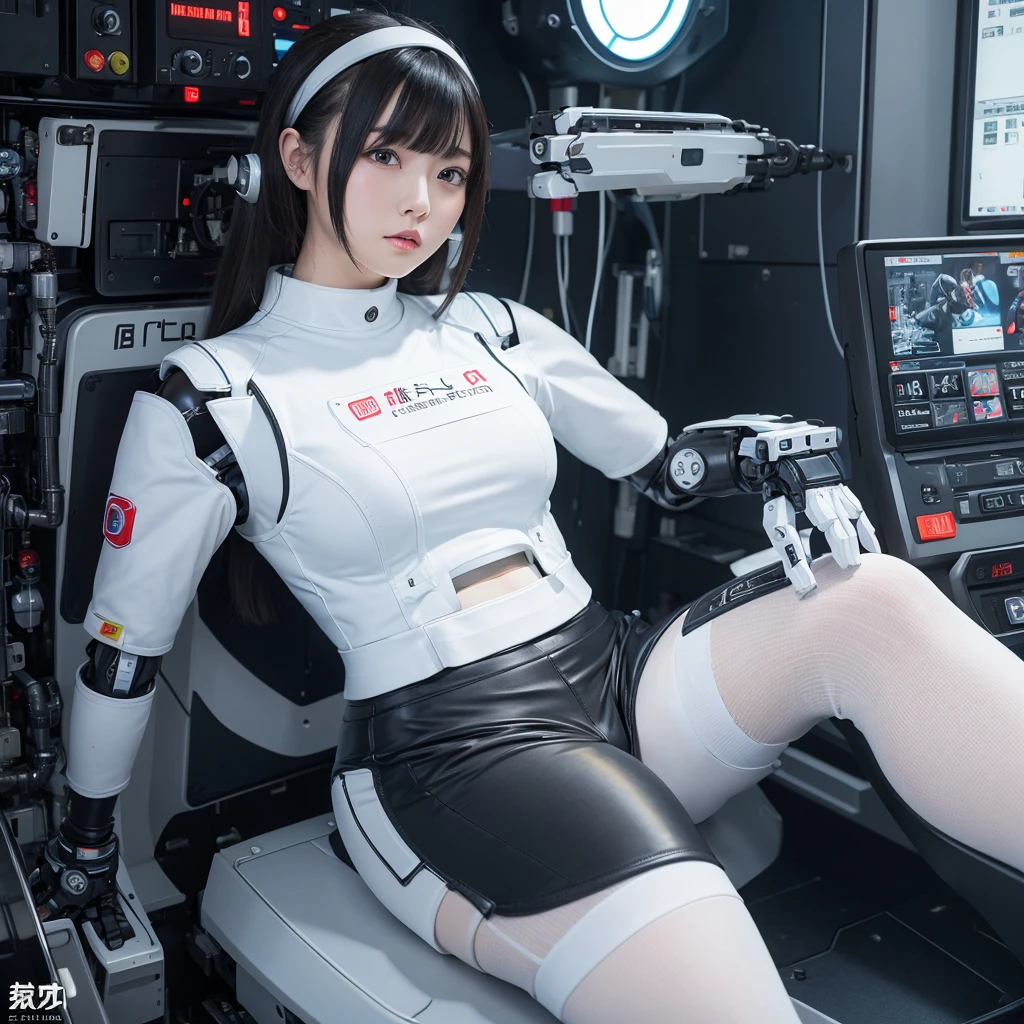 masterpiece, Highest quality, Very detailed,Portraiture, Japanese Android girl,Plump,Slightly thicker,Control panel,robot arms,robot,Android,cyborg,white robot body,Blunt bangs,robot repair plant,Black knee-high socks,cockpit