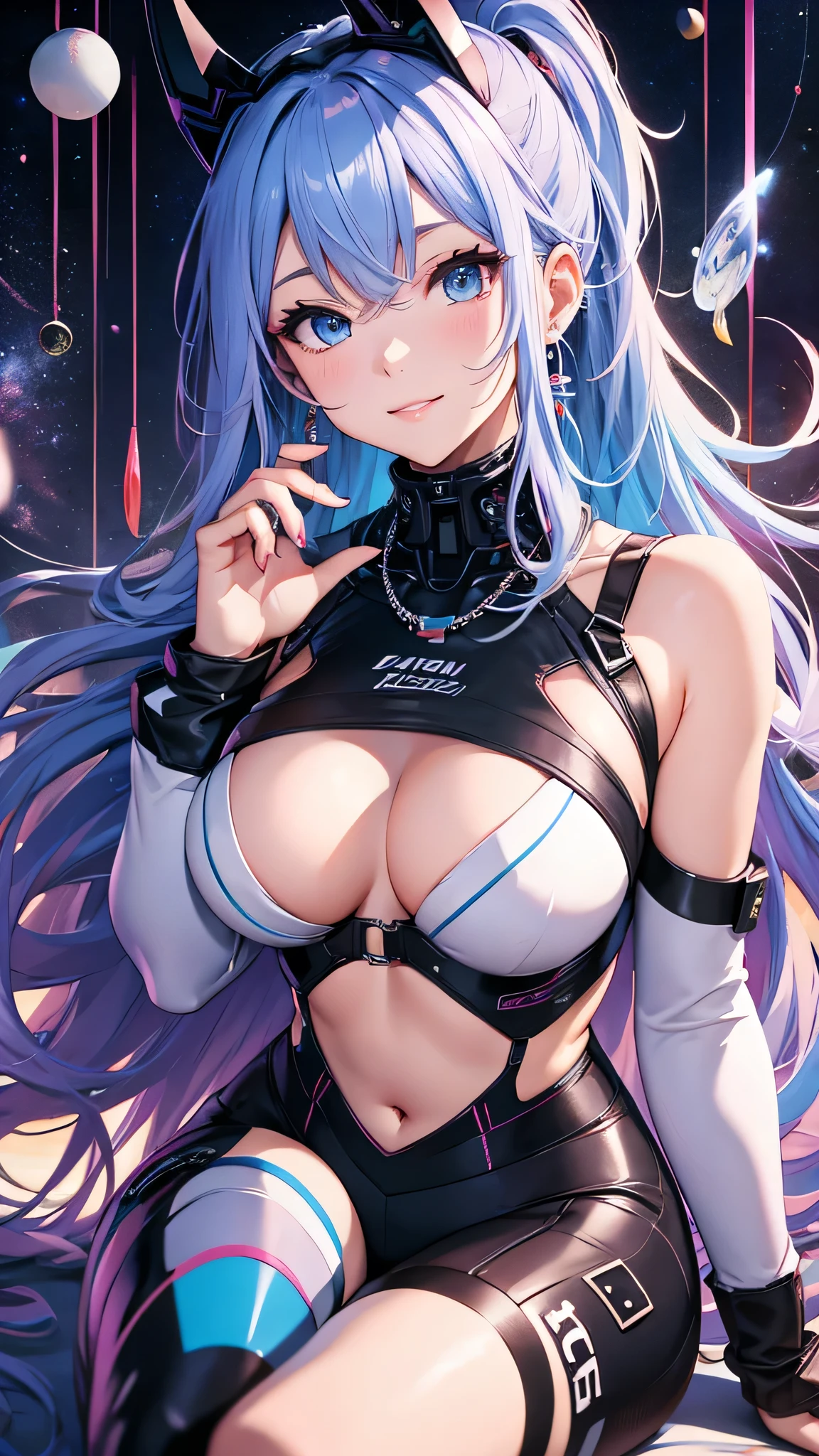 最high quality、Best image quality、masterpiece、and((cute、1、Best Bust、Medium Bust、Beautiful Blue Eyes、Spread your chest wide,Pastel colored hair、ponytail、Disheveled Hair、thin、Highest valley、Cyber Suit、smile、necklace、Show the whole body、Cyber Wings、Random Pause))high quality、Beautiful art、background((universe space)),Tabletop、Exquisite design、Visual Arts、Written boundary depth、Best lighting、Highest detail、8k