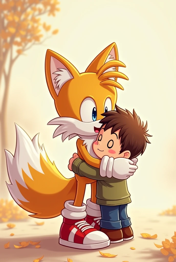 Tails hugging a younger boy with his shoes and gloves on
