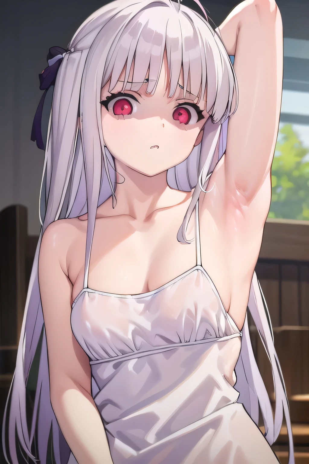 masterpiece, best quality, ultra-high-detailed, disgusted face, white hair, red eyes, sigtuna julie , small breast, arm behind head, left arm, fit body, camisole , bare shoulder, Collarbone , armpit crease , looking to viewer, near shot, focus to armpit, mirroring, front shot, upper body, showing armpit , unpleasure, disdaining , furious 