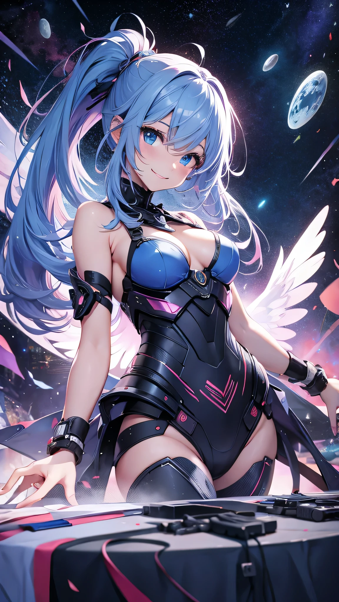 最high quality、Best image quality、masterpiece、and((cute、1、Best Bust、Medium Bust、Beautiful Blue Eyes、Spread your chest wide,Pastel colored hair、ponytail、Disheveled Hair、thin、Highest valley、Cyber Suit、smile、necklace、Show the whole body、Cyber Wings、Random Pause))high quality、Beautiful art、background((universe space)),Tabletop、Exquisite design、Visual Arts、Written boundary depth、Best lighting、Highest detail、8k