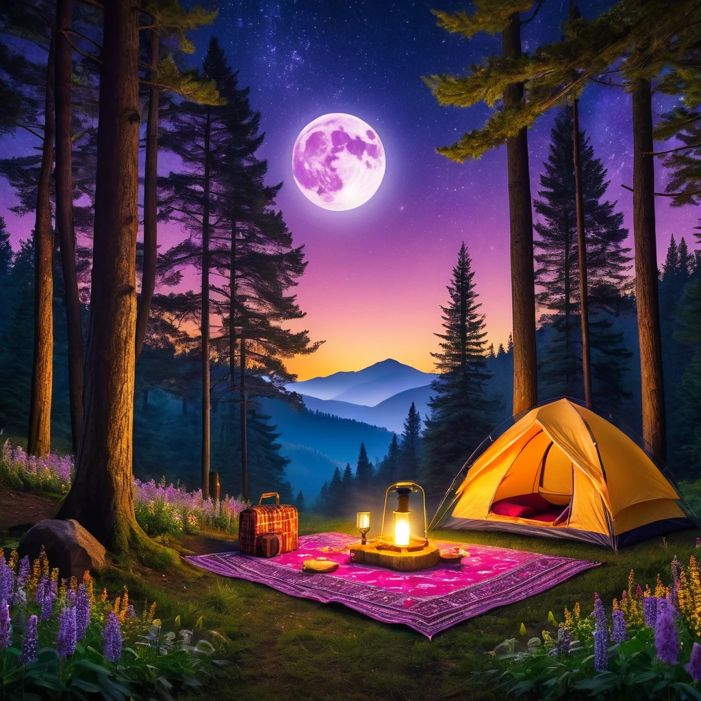 Create a cozy nighttime camping scene deep within a forest under a clear, starry sky. The focal point is a warmly lit, vibrant purple tent set on a soft, patterned blanket. Nearby, a small picnic setup includes fruits, a lantern emitting a soft, golden glow, and some bottles of wine. The surrounding area is filled with colorful wildflowers, lush greenery, and tall trees that frame the scene. The full moon casts a gentle light over the landscape, adding to the tranquil, serene atmosphere. Capture the intricate details of the scene, emphasizing the comforting and magical feel of a night spent in nature.