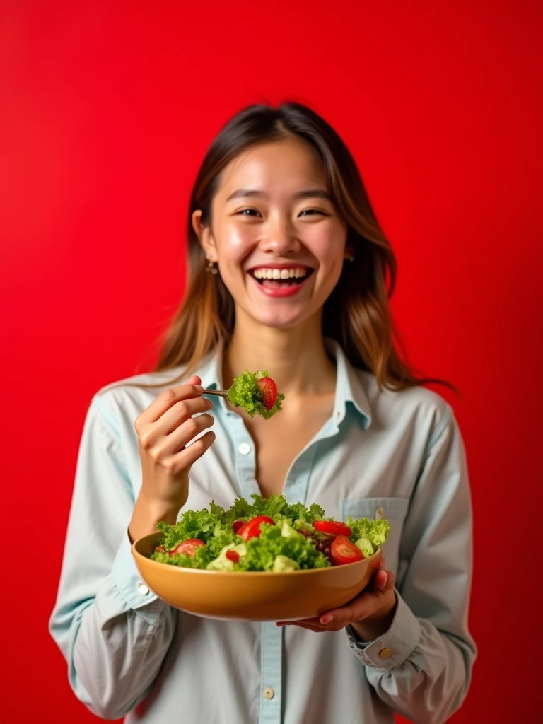 girl+salad+red background+smile -upscale
