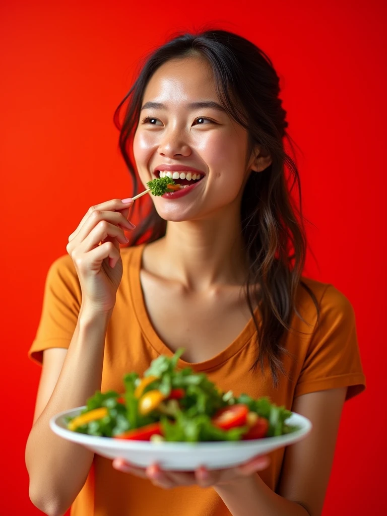 girl+salad+red background+smile  -upscale