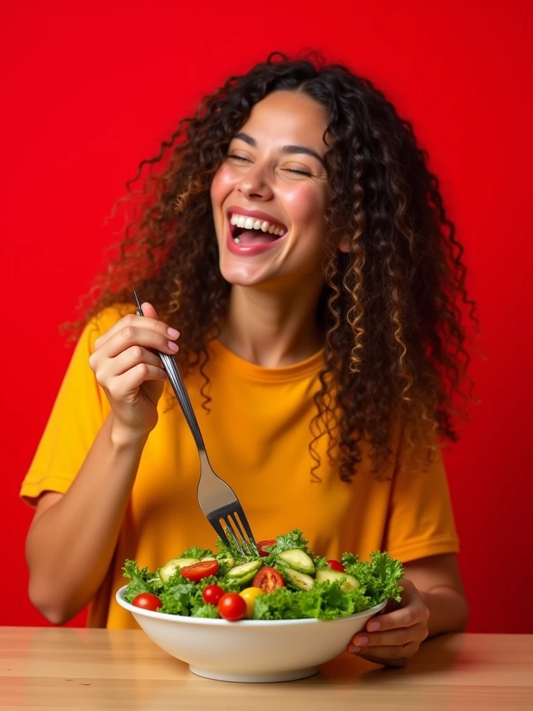 girl+salad+red background+smile  -upscale