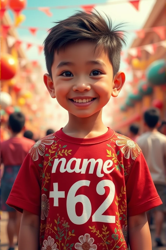 A picture of name (+62) which is written on the shirt which is designed for happy independence day of INDONESIA which is wearing by a beautiful boy