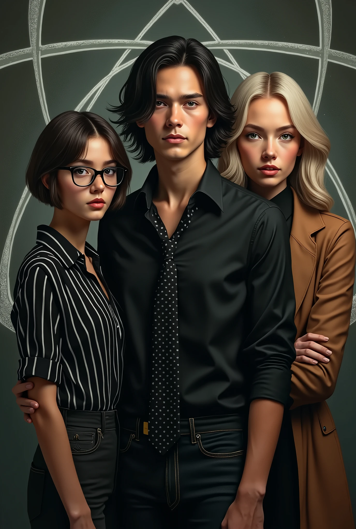Un garçon avec une chemise noire et une cravate noire avec des petits points blancs cheveux longs et noire et une fille coupe de cheveux au carré plongeant avec des yeux verts et des lunettes, avec une chemise noire à rayures blanches, une fille avec les cheveux blonds, avec une chemise noire et un long manteau marron, un homme avec une chemise noire manche courte, cheveux en pétard de couleur blond



Puis derrière en fond un atome