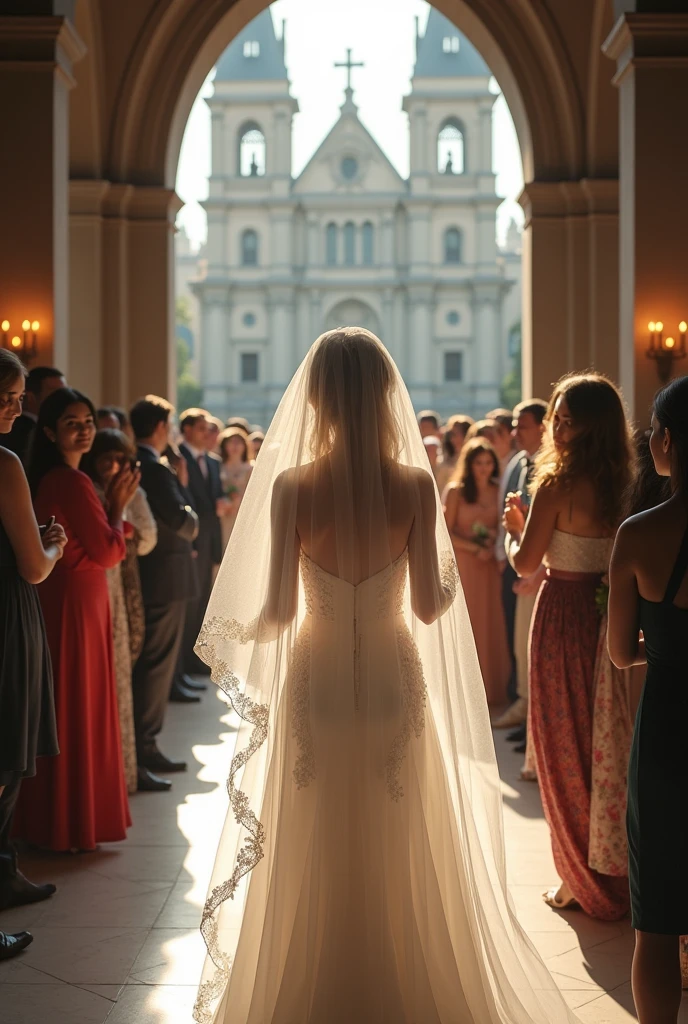 A bride outside the church walks towards the church door, around you is full of guests.
Show the bride's face