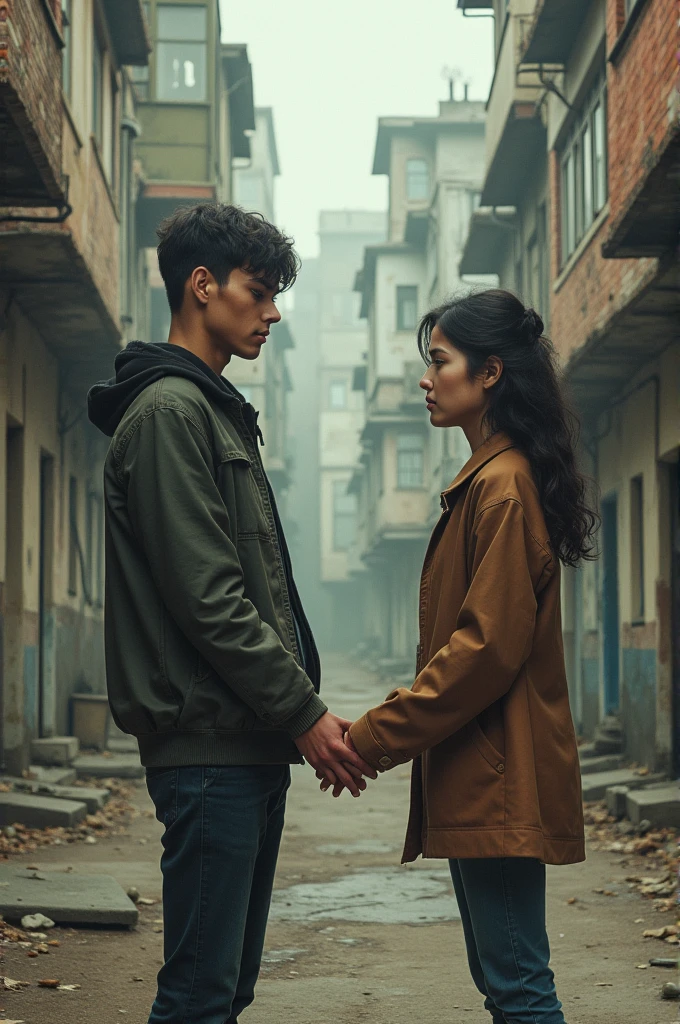 A boy age 35 years name June A girl age 28 years name Julie The girl is releasing her hand from the boy's hand and the boy is standing there  In the background many buildings are dilapidated and very old
