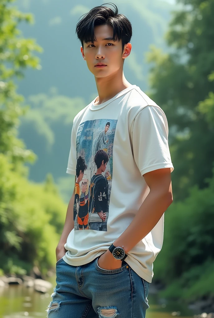 A handsome korea man with a clean face,Very short black hair, the sides are faintly visible, there are clear line carvings.Wearing a white t-shirt with anime graphics, stylish ripped blue jeans,Wearing sports shoes , green natural scenery, wearing a rolex watch,Athletic sixpack body, face facing straight at the camera, realistic hd 