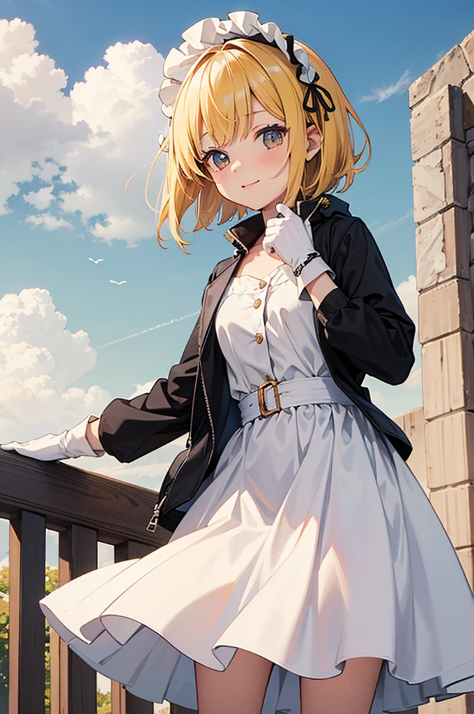 ((masterpiece,best quality)),1 woman,alone, (((chisato nishikigi))), Short hair, bright yellow hair, alone, dress, Detail Eyes, looking at viewer, long sleeves, standing, white dress, Gloves,headdress, black jacket, laugh, floating hair, dutch angle, closed mouth, looking far away, (Center Park),cloudy sky, blue sky, warm colors,