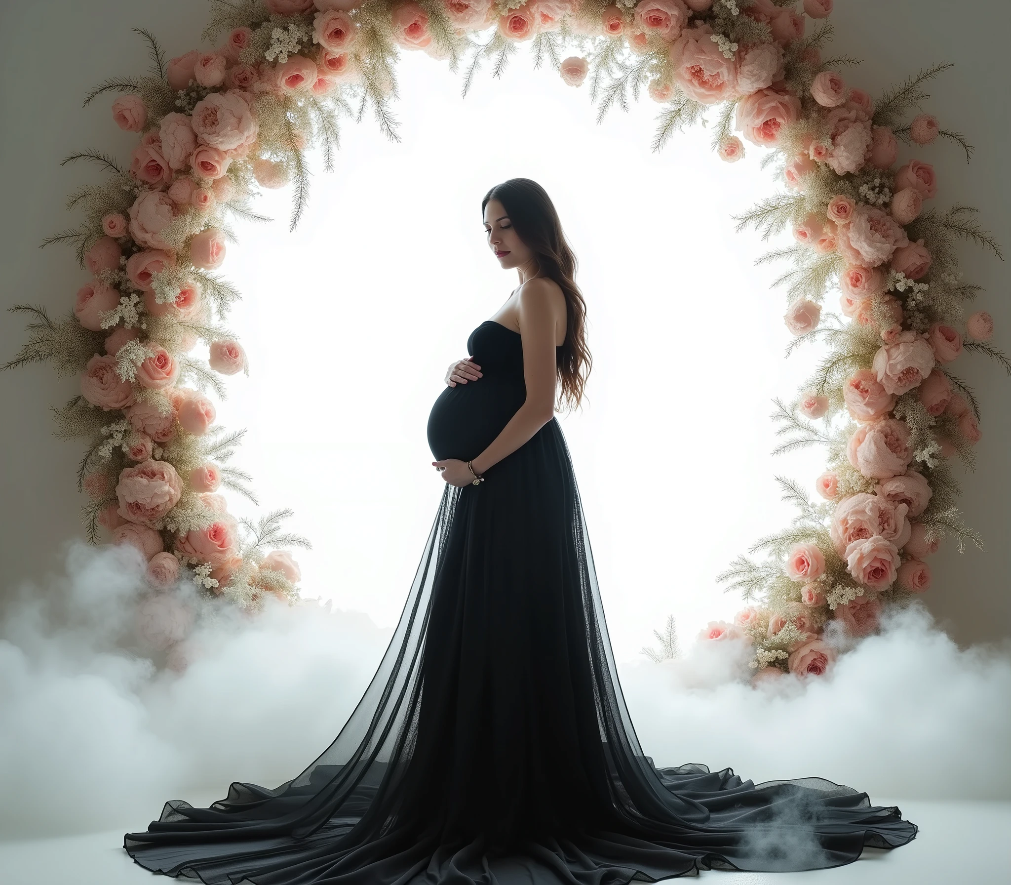 pregnant woman in black gown standing in front of floral arch, a picture inspired by Gabriel Ba, tumblr, conceptual art, black gown, maternal photography 4 k, flowing black gown, draped in velvet and flowers, stunning elegant pose, long luxurious gown, modest flowing gown, !!beautiful!!, long luxurious flowing gown, in front of white back drop, amazing professional picture, add some smoke and cloud in ground , red dress