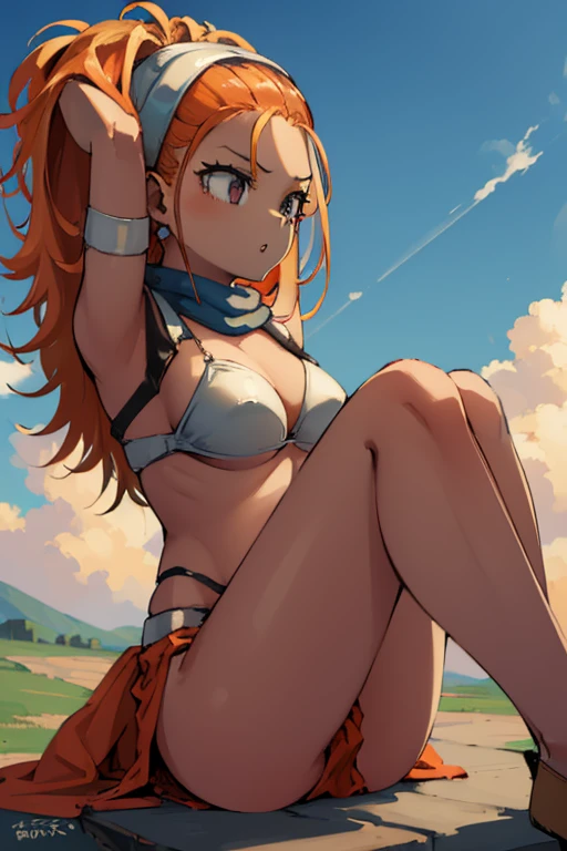 High resolution、masterpiece、One Girl、low length、Slender、bikini、Orange loincloth、DQ6 Barbara、High Ponytail、(((Very light white-beige skin,,,)))、Orange Hair、Bright lighting、Holding my knees、Floating in the air、Laughter、Plein Air