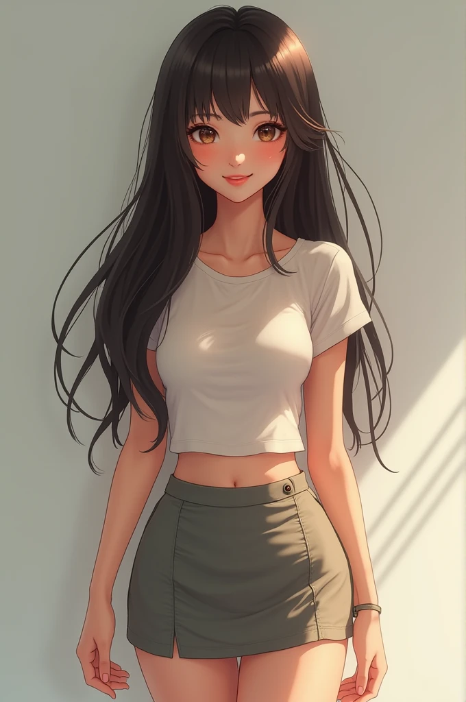 asian 18yo girl,tiny shirt, perfect , long hair, smile, short skirt, realistic