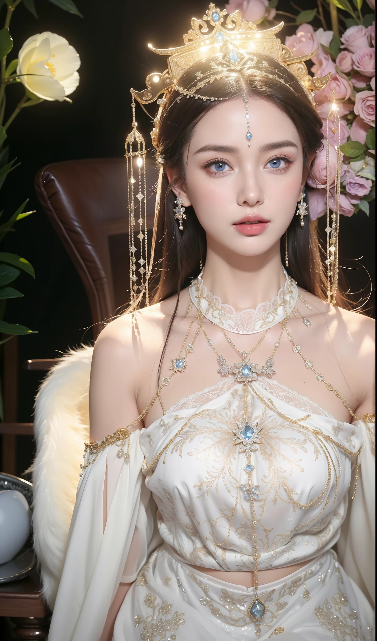 Royal sisters,Exquisite eyes,Frozen Queen,Put the crown on your head,Detailed facial expressions body,Tall and big,Glamorous characters,Leg length,4K,HD,Sensual,White translucent lace,白皙full image,Little cherry mouth,Beautiful and lovely,full image,Glossy Gel Coat,Vampire Queen in luxurious robes,Have a tattoo(Intricate tattoo designs),Ice Princess,Rich facial details,Angel,Eyes are blue(Pupils as deep as the starry sky),Silk printed clothes,Necklace gold,Jewel headdress,Sit in a plush chair