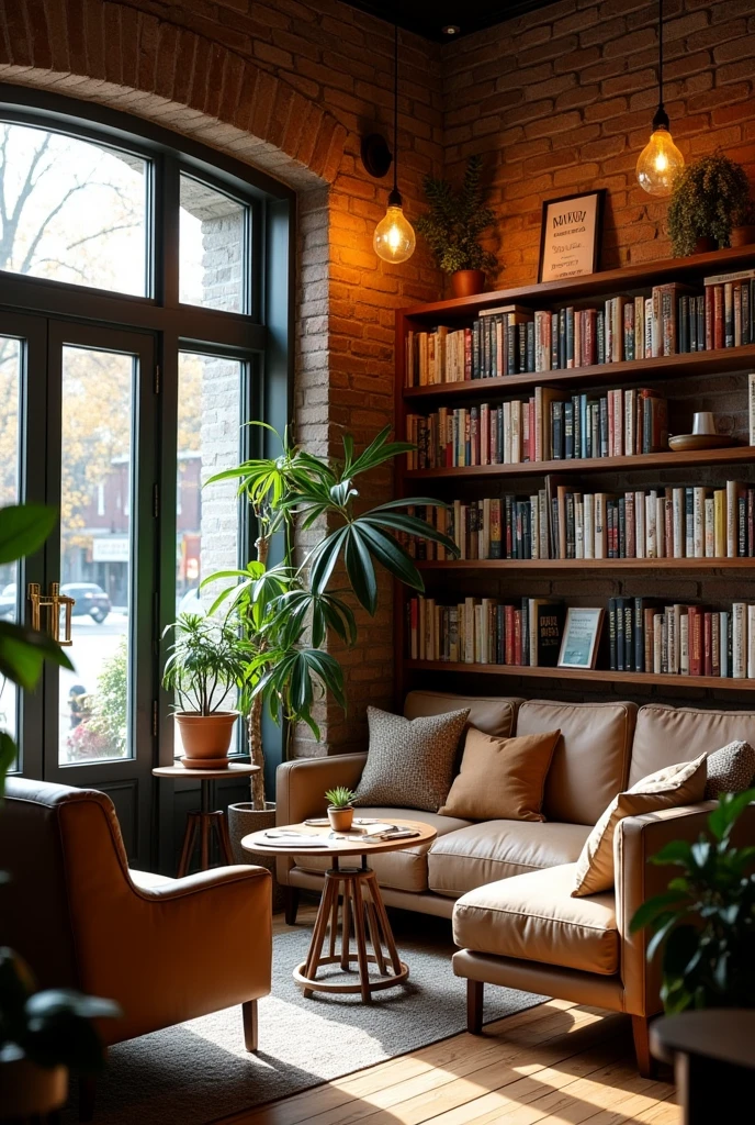 cozy coffee shop that has a space with bookshelves to read while drinking your coffee or eating 