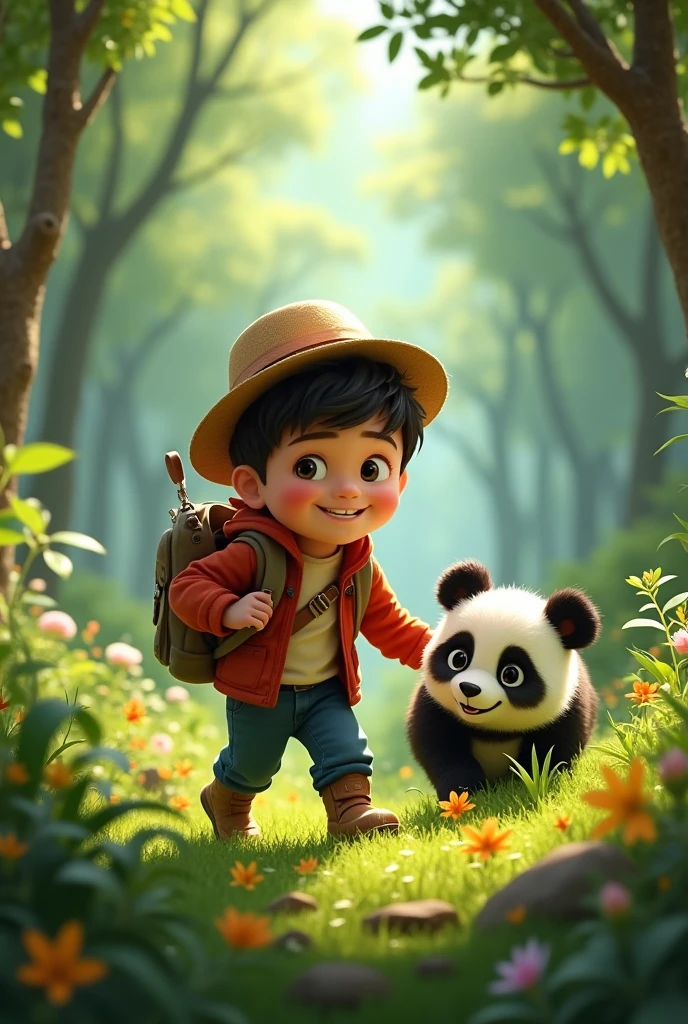 **Exploring the Forest Together:**
- Liam and panda playfully exploring the forest, with Liam on one side and panda frolicking alongside.
- Scenes of them climbing trees, playing in the grass, and enjoying the forest scenery together.
- The vibrant forest environment, with sunlight filtering through the canopy and the two friends sharing joyful moments