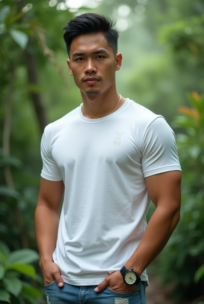 A handsome Indonesia man with a clean face,Very short black hair, the sides are faintly visible, there are clear line carvings.Wearing a white t-shirt with anime graphics, stylish ripped blue jeans,Wearing sports shoes , green natural scenery, wearing a rolex watch,Athletic sixpack body, face facing straight at the camera, realistic hd