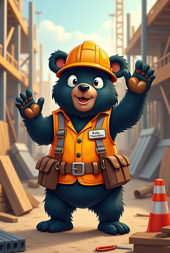 A funny black bear raising paw in the construction contractor uniform with name badge “kalu thekedar”