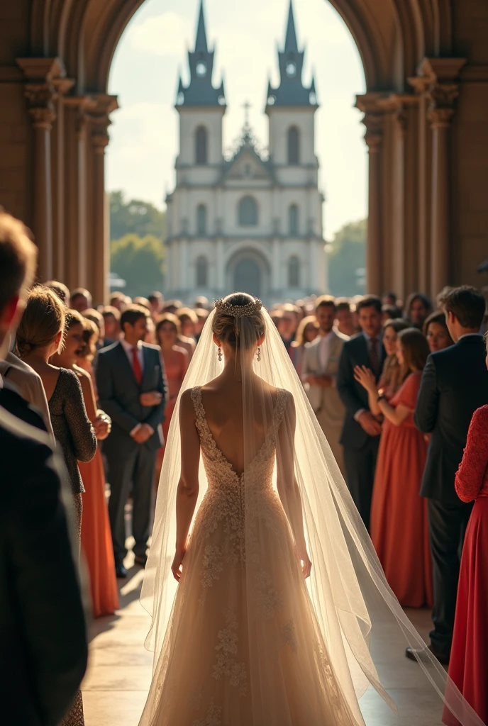 A bride outside the church walks towards the church door, around you is full of guests.
Show the bride&#39;s face 