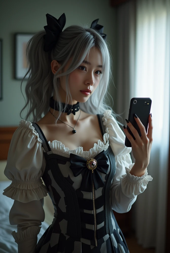 highly detailed, beautiful, hyper Realistic girl, masterpiece, best quality, Japanese sexy gravure woman, 1, identity hidden, takes a selfie in her room using a smartphone in front of a mirror with one hand, fashion model Posing, standing, looking away from the camera, /// gray arranged hair, light color eyes, Realistic skin, Detailed face, /// BREAK Cyber punk taste chinese dress, balloon Sleeves, white and black theme, mandarin collar, intricate patchwork of latex and leather, triangular silhouette skirt, gray, /// Monotone simple modern taste single room, mirror, complicated background