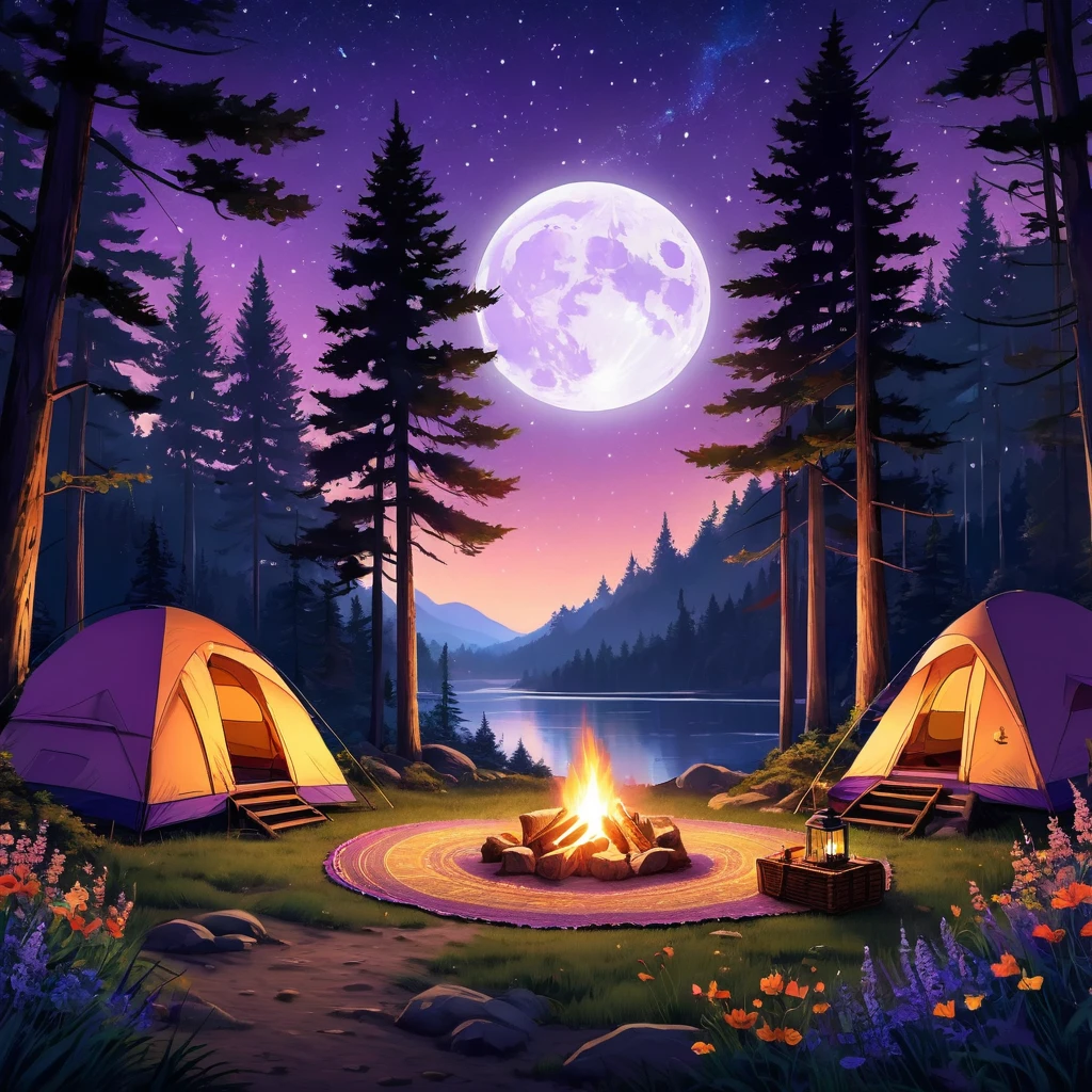 detailed anime art style, with a focus on the contrast between the vibrant, cozy warmth of the campsite and the deep, cool tones of the night sky and surrounding forest. The illustration should evoke a sense of peaceful solitude and connection with nature, with soft lighting and intricate details that bring the scene to life.Create a cozy nighttime camping scene deep within a forest under a clear, starry sky. The focal point is a warmly lit, vibrant purple tent set on a soft, patterned blanket. Nearby, a small picnic setup includes fruits, a lantern emitting a soft, golden glow, and some bottles of wine. The surrounding area is filled with colorful wildflowers, lush greenery, and tall trees that frame the scene. The full moon casts a gentle light over the landscape, adding to the tranquil, serene atmosphere. Capture the intricate details of the scene, emphasizing the comforting and magical feel of a night spent in nature.