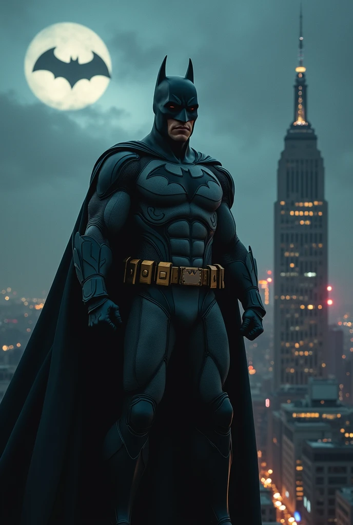 (photorealism:1.2), Manny Jacinto as Batman, standing on a rooftop over Gotham's gloomy skies with the bat signal next to him