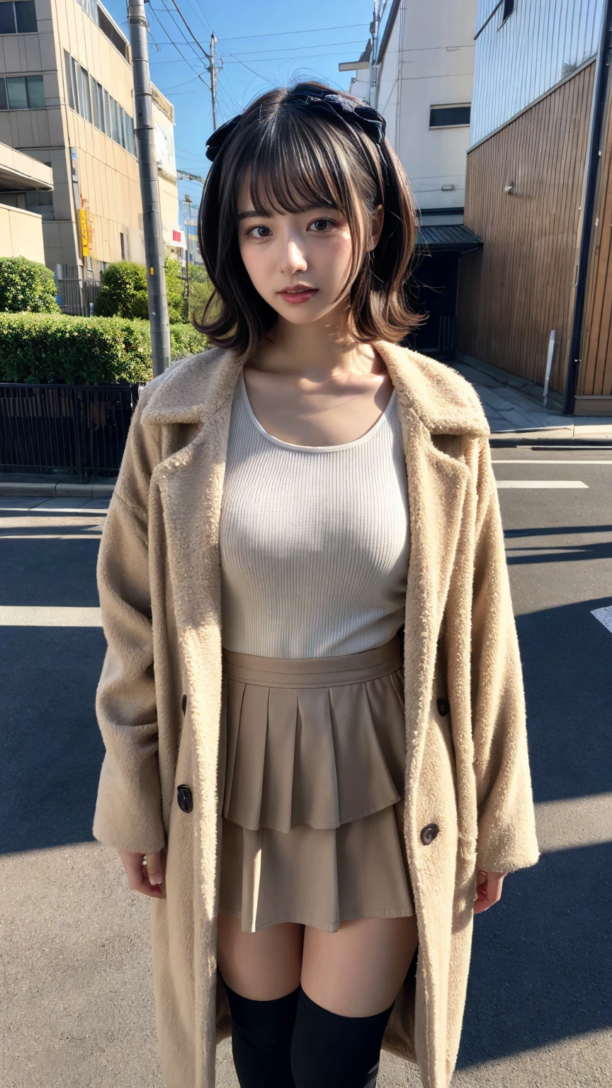 masterpiece, best quality, illustration, Super detailed, fine details, High resolution, 8K,wall paper, perfect dynamic composition,(Details High quality, realistic depiction of eyes:1.3), short hair, (wavy hair:1.2), Gorgeous and stylish black fluffy latest trend Tokyo winter clothes, (Elegant and high quality coat:1.1)、(The perfect and most natural light brown coat:1.1), tanktop, A-line skirt, Layered Cut, black hair color, Big Natural Color Lip, sexy pose, crying a little、Harajuku style、20 year old girl、cute type、ta, hposing Gravure Idol, full body photo、focus on crotch, huge breasts