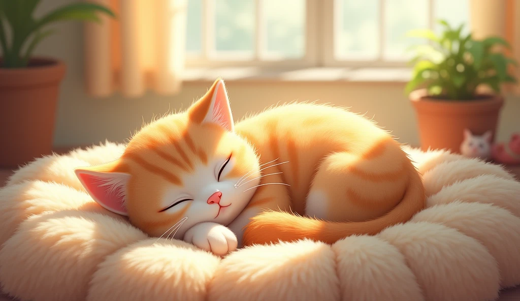 A cozy cat, Whiskers, sleeping in a sunbeam, with a warm glow and a few cat toys nearby.