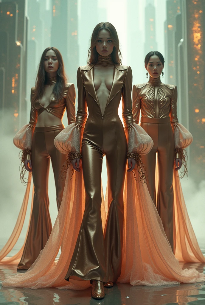 [Subject: Avant-Garde Fashion in a Futuristic, Magical Setting] A photorealistic 4K image of three women standing united in a surreal, futuristic universe, dressed in highly creative, exaggerated outfits inspired by the initial look. The central figure is dressed in a {jacket with dramatically exaggerated, zigzag patterns in vibrant shades of bronze, teal, and metallic silver, the patterns pulsating with an internal glow that gives the illusion of movement}. The jacket's {shoulders are sharply pointed and extend far beyond her natural frame, creating an imposing, avant-garde silhouette}. She wears a {deep brown, high-necked top that glimmers with embedded micro-LEDs, beneath which flows a high-slit skirt with fabric that appears to morph into liquid light as it touches the ground}. The skirt reveals {metallic leg wraps that merge seamlessly with her skin, etched with glowing, intricate designs that pulse rhythmically}. Her boots are {sleek, futuristic designs with heels that appear to be made of pure light, leaving glowing trails as she moves}. Her hair is styled in {long, fluid waves that defy gravity, interwoven with strands of glowing neon fibers that shift colors subtly with her movements}.

The two other women are equally adorned in surreal, avant-garde fashion. One wears a {coat with oversized, razor-sharp lapels that curve around her body like wings, paired with a skirt that splits into multiple layers, each layer displaying a different, dynamic holographic pattern that shifts as she moves}. Her hair is styled in {angular, geometric shapes, with strands of neon glowing threads woven throughout}. The third woman dons a {form-fitting bodysuit in a deep, iridescent material with sharp, cut-out sections revealing skin beneath, adorned with intricate, glowing patterns that pulse softly}. Her outfit is completed with a {voluminous, floating cape that trails behind her as if suspended in zero gravity, creating an ethereal effect}. Her hair is styled in {massive, spi