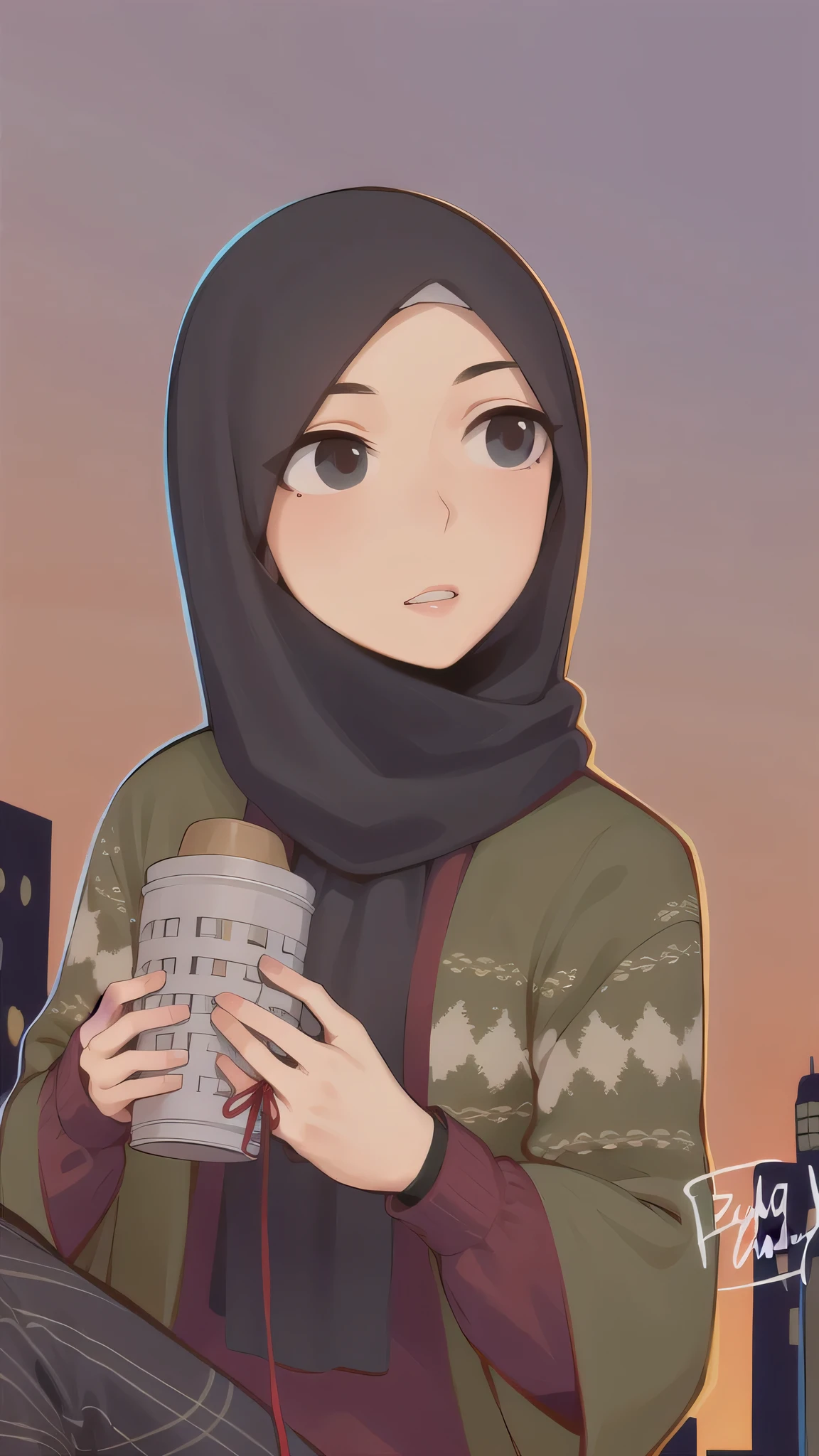 muslim woman in hijab holding a breas in front of a city skyline, urban girl fanart, artwork in the style of guweiz, in an anime style, by Naza, by Ei-Q, high quality fanart, inspired by Fathi Hassan, in anime style, lofi portrait, 🤤 girl portrait, detailed fanart, inspired by Shaddy Safadi, with sunset