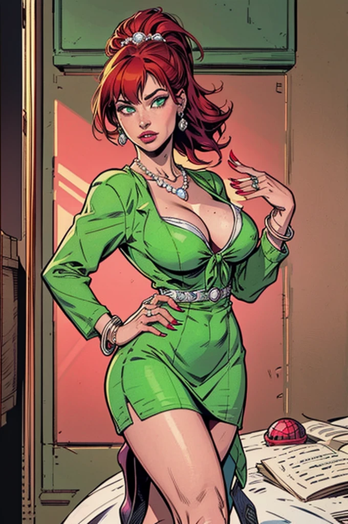 Mary jane wattson,Sculpted calve,Wide hips,Big breast,v neck Cleavage,Long sleeve Socielite dress,Skindentation,Green dress,Pearl dress,Hoopa bracelet,Green Drop jewel erring,Eyeshadow,((Diamond wedding ring)),Jewelry ring,Fancy Necklace,High ponytail Bun Hairstyle with Blunt bang hair,Short skirt,Heels,gaze on viewer,Fancy House background,1hand on hips,Long nail,Body facing viewer,Enchanced breast,Full tied hair,Detailed face,Bare nape,Busty,Green eye,Norman osborn wife,Detailed eyes,In the CEO office