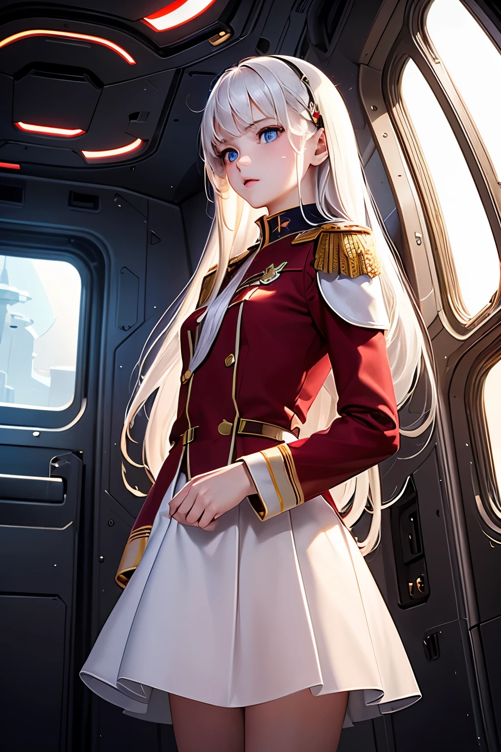 masterpiece,Highest quality,Very detailed,16 talented beautiful girls,Small breasts,White straight hair,Perfect Blue Eyes,very cute,Red military uniform,Sci-fi spaceship interior