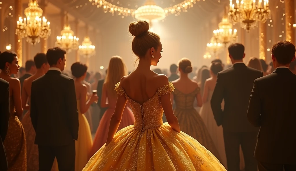 walk, Turn your back.,Cinderella in golden dress, Party background, Beautiful lights,Many people