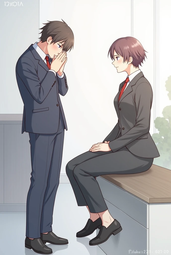Create an image of two people in a respectful interaction. The first person is slightly bowing their head or tilting it forward, with one hand on their chest or in a prayer-like position, conveying a gesture of respect. The second person is standing or sitting opposite them, receiving the gesture with a calm and appreciative expression. Both individuals should be dressed in formal or semi-formal attire, and the setting should be neutral, like an office, a quiet outdoor space, or a simple indoor environment, so that the focus remains on the respectful gesture. Ensure that the body language and facial expressions of both people reflect mutual respect and understanding.