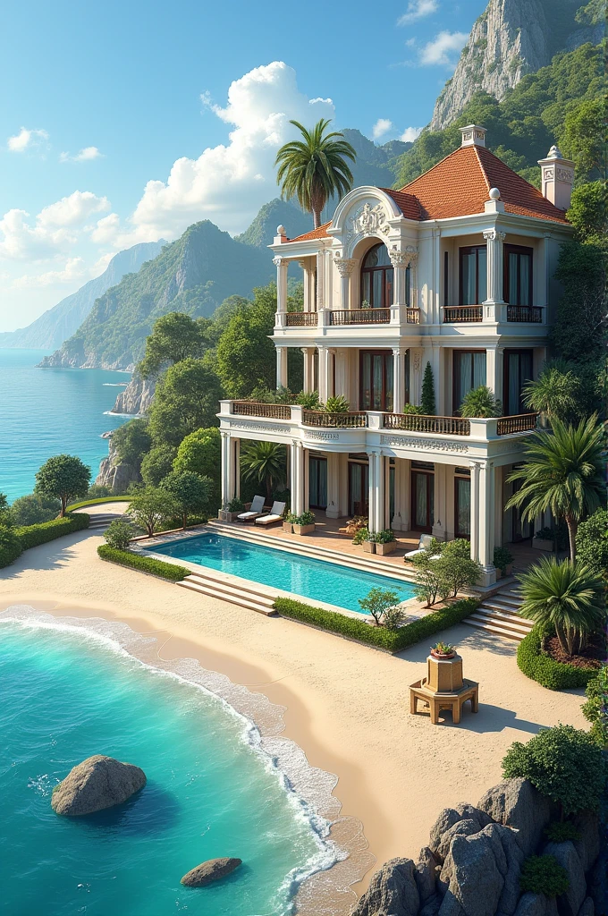 Beautiful seaside huge villa with luxurious interior swimming beach scenery and board of Nest and Castle Realtor