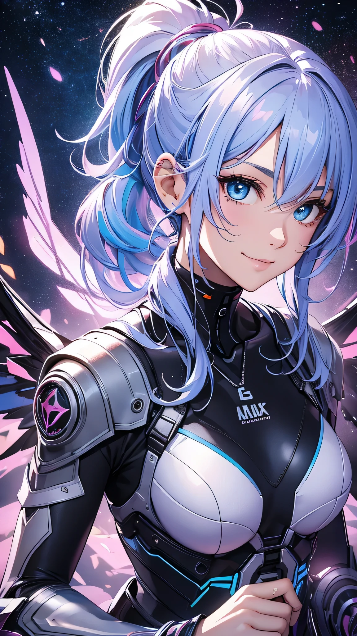 最high quality、Best image quality、masterpiece、and((cute、1、Best Bust、Medium Bust、Beautiful Blue Eyes、Spread your chest wide,Pastel colored hair、ponytail、Disheveled Hair、thin、Highest valley、Cyber Suit、smile、necklace、Show the whole body、Cyber Wings、Random Pause)）high quality、Beautiful art、background((universe space)),Tabletop、Exquisite design、Visual Arts、Written boundary depth、Best lighting、Highest detail、8ｋ