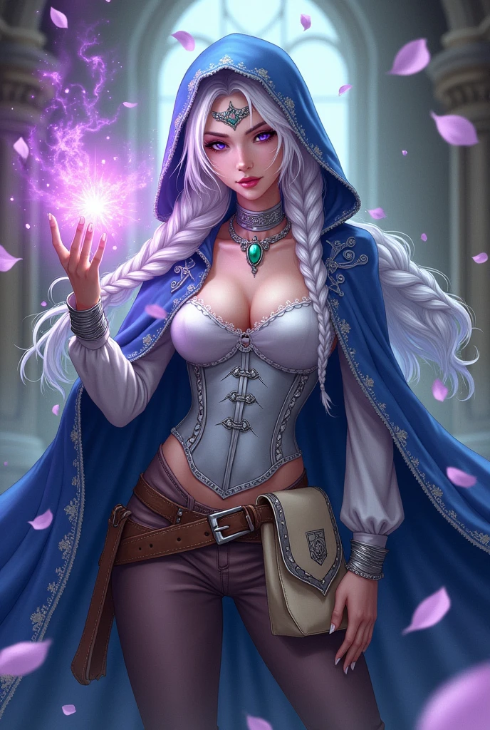 Lavender eyes. Magician People Woman, with long braided white hair. Blue cape decorated with silver embroidery and a detached hood. silver full breast corset, white blouse and brown pants as well as boots. Silver choker with emerald and silver headband with emerald Brown belt with cream colored pouch with coat of arms on it Works flower magic Manga style
