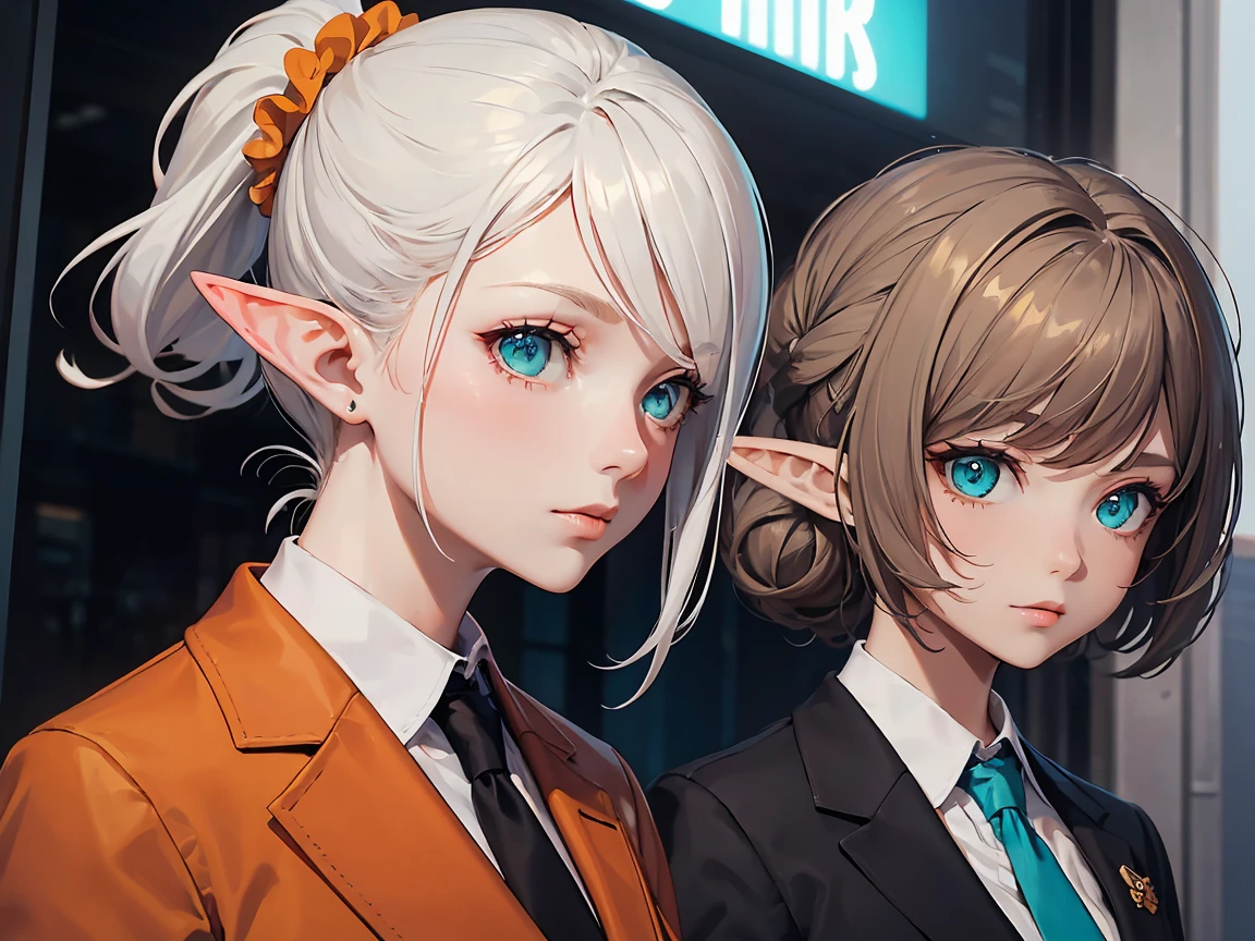 ((masterpiece)), ((best quality)), perfect detailed eyes, perfect detailed face, white hair, hair pulled back, Scrunchie, elf, long pointy ears, aqua eyes, Suit style, (orange tie), (light grey suit), On the way to work, Career woman, from side