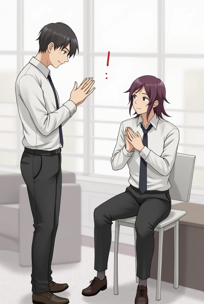 Create an image of two people in a respectful interaction. The first person is slightly bowing their head or tilting it forward, with one hand on their chest or in a prayer-like position, conveying a gesture of respect. The second person is standing or sitting opposite them, receiving the gesture with a calm and appreciative expression. Both individuals should be dressed in formal or semi-formal attire, and the setting should be neutral, like an office, a quiet outdoor space, or a simple indoor environment, so that the focus remains on the respectful gesture. Ensure that the body language and facial expressions of both people reflect mutual respect and understanding.