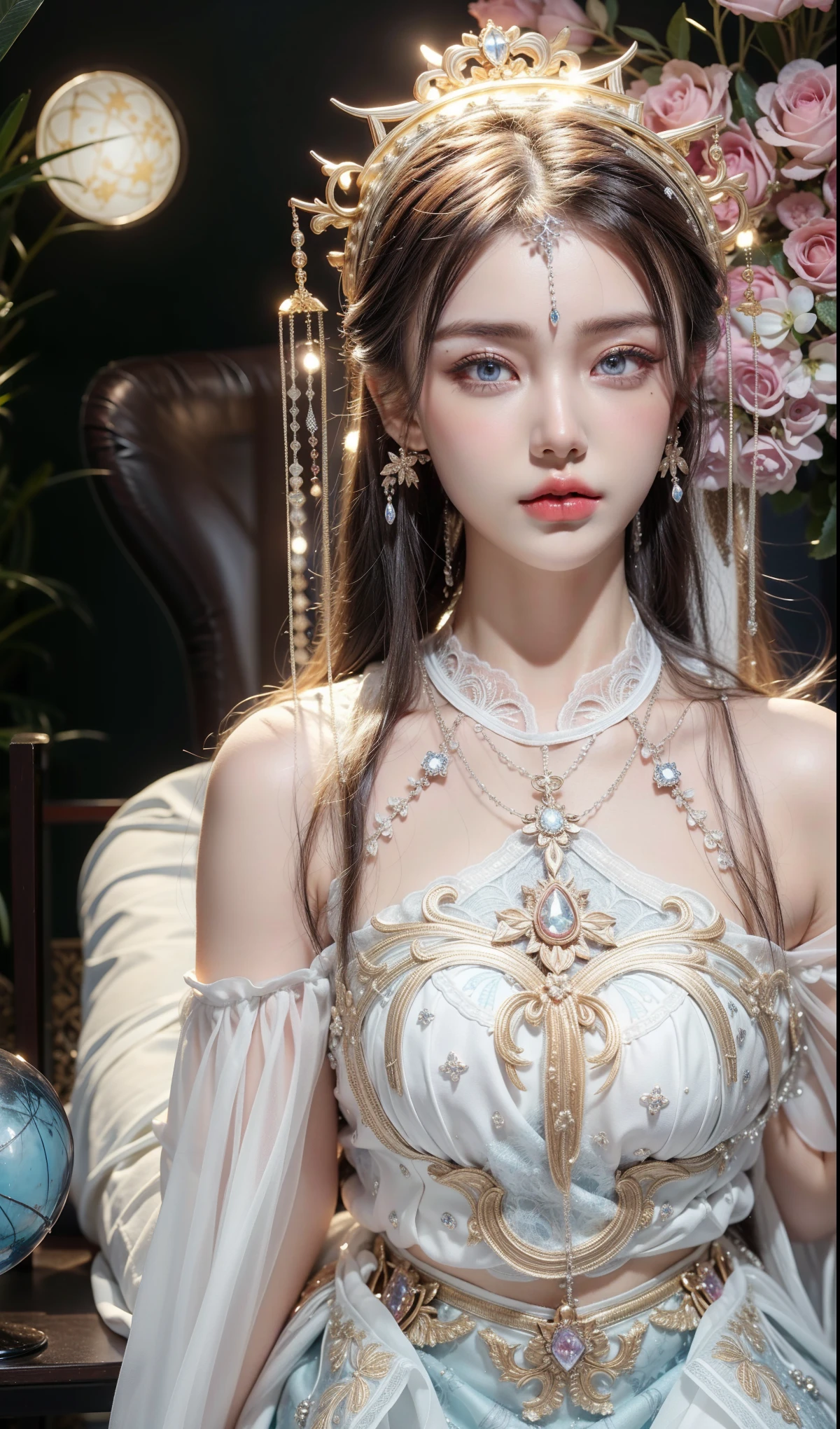 Royal sisters，Exquisite eyes，Frozen Queen，Put the crown on your head，Detailed facial expressions body，Tall and big，Glamorous characters，Leg length，4K，HD，Sensual，White translucent lace，白皙full image，Little cherry mouth，Beautiful and lovely，full image，Glossy Gel Coat，Vampire Queen in luxurious robes，Have a tattoo(Intricate tattoo designs)，Ice Princess，Rich facial details，Angel，Eyes are blue(Pupils as deep as the starry sky)，Silk printed clothes，Necklace gold，Jewel headdress，Sit in a plush chair
