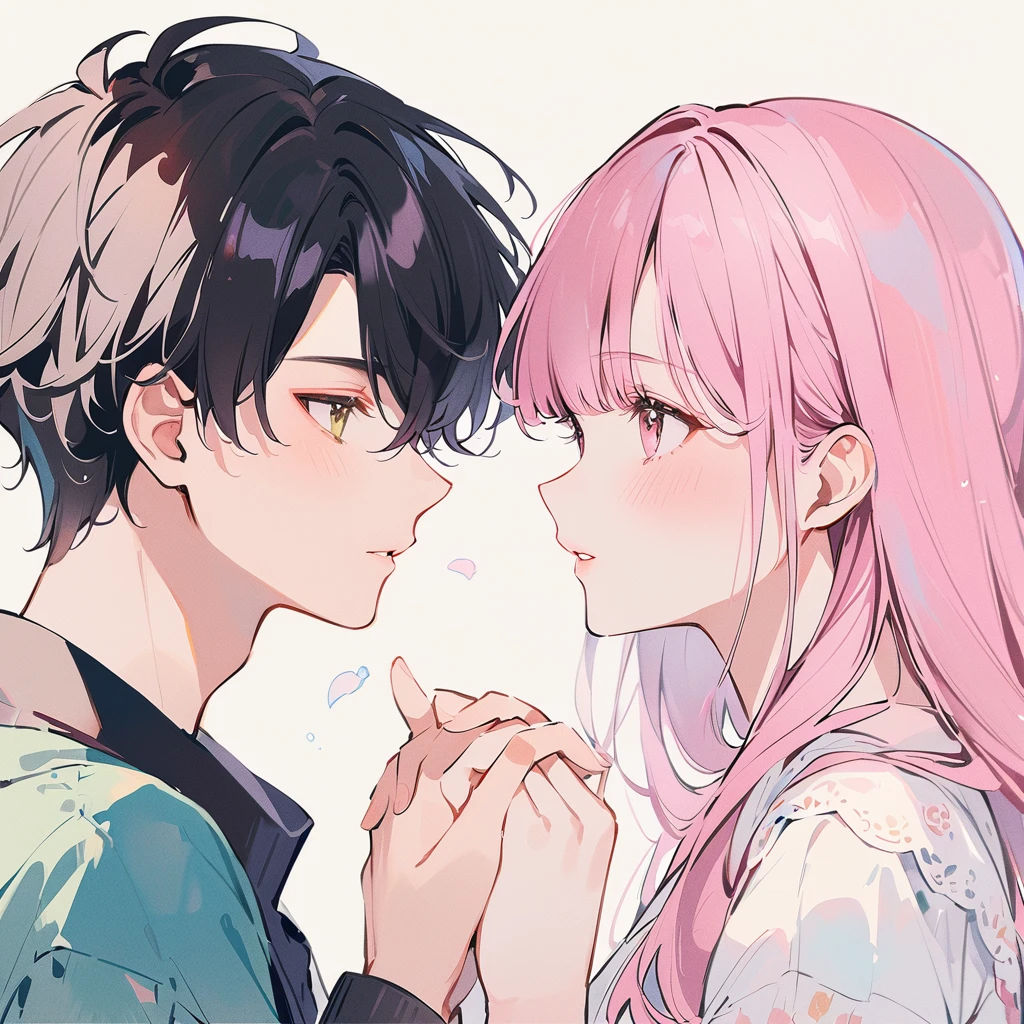 A pink-haired girl and a black-haired boy holding hands　Watercolor、pale colour、