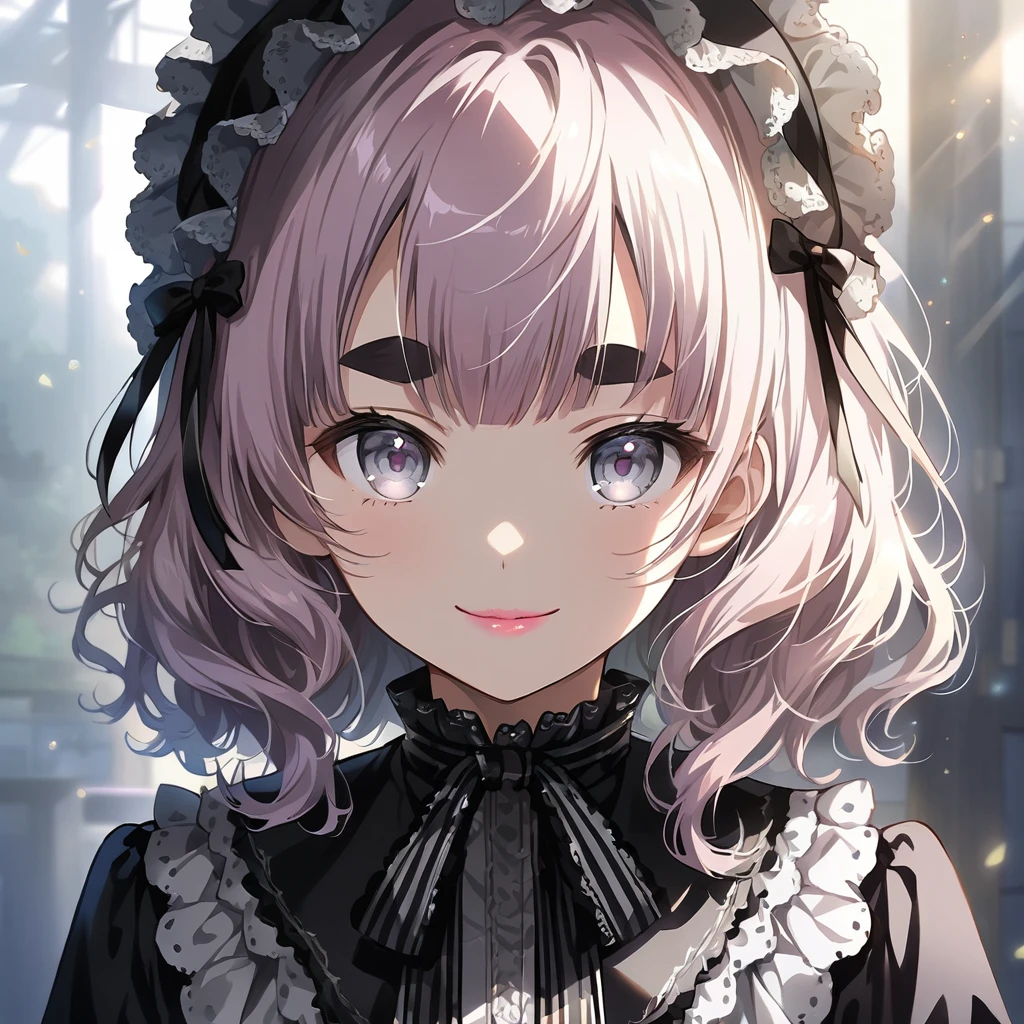(Cute a girl:1.5), (a girl with Gothic Lolita fashion, pink lips, looking at viewer, bow, ribbon,smiling,Long, wavy silver hair, short, thick eyebrows, silver eyes,
:1.4), anime visual, (tilt head:1.3), realistic lighting and shading,muted colors,soft focus, (an extremely delicate and beautiful art:1.3),