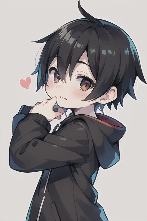 Highest quality, (high quality),eye highlights,arms are thin, thin body,face, from side,look at viewer,droopy eyes, put your hand on your cheek,shy,blush,open your mouth and laugh,(((chilled boy))), (1 boy),(black hair),((very short  hair)),parka,heart background,