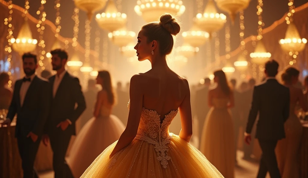 Cinematic portrait of an exquisitely fashionable lady with hyper-long, smooth hair, stretching over 2 meters, commanding attention as she walks the runway during an exclusive fashion presentation. Dramatic lighting creates a captivating atmosphere, accentuating her elegance and the opulence of the event