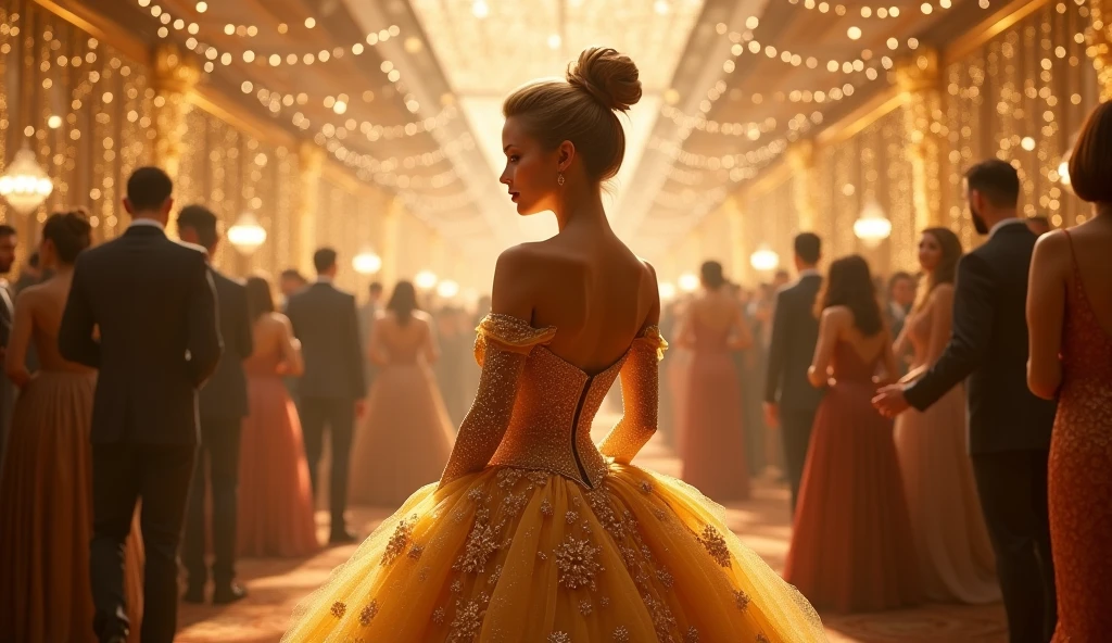 walk, Turn your back.,The back is very beautiful.,Cinderella in golden dress, Party background, Beautiful lights,Many people